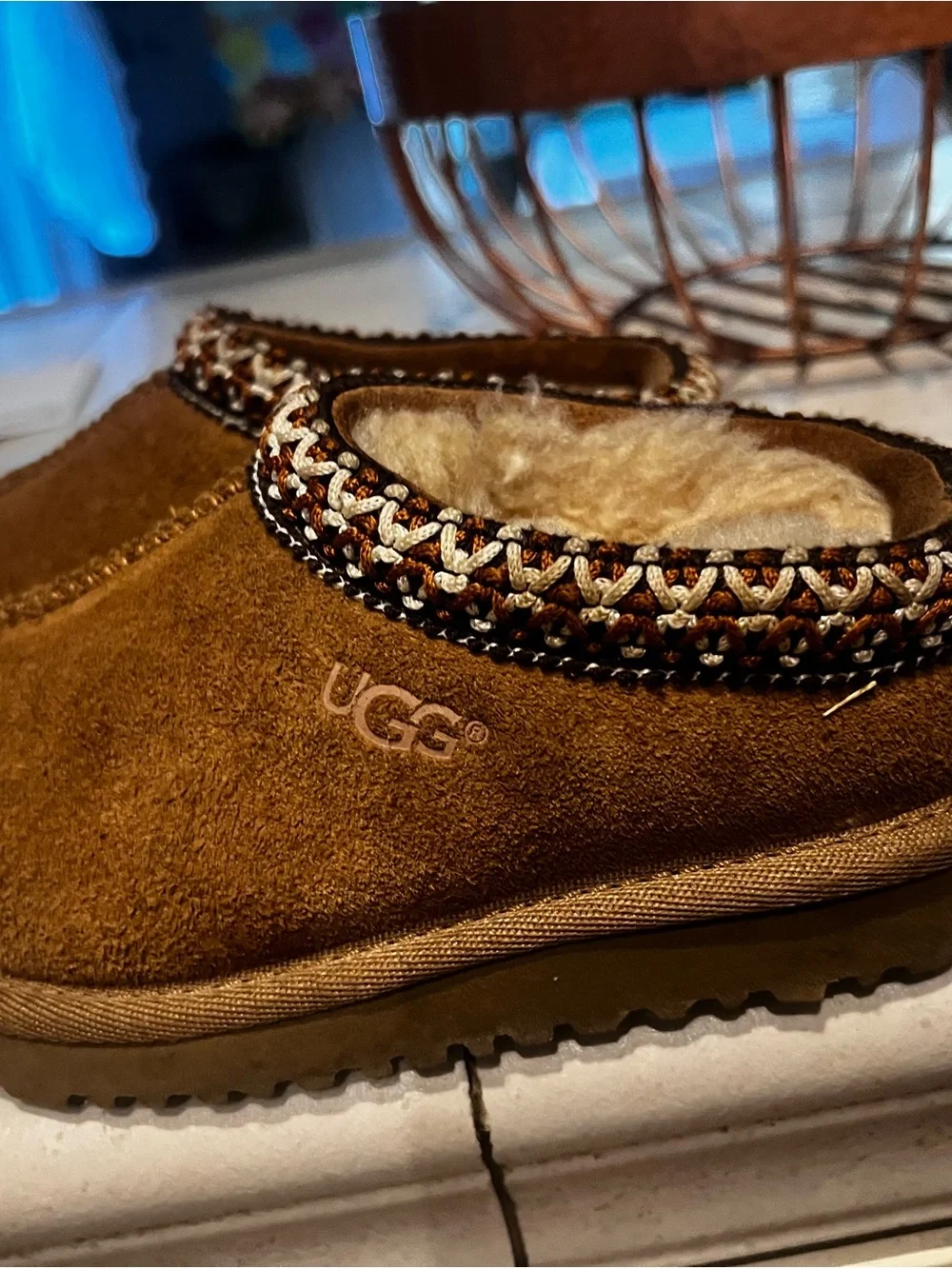 UGG Chestnut Suede Slip-On Clog with Shearling Trim